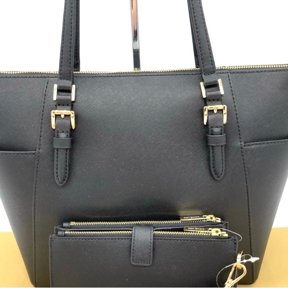 Michael Kors Charlotte Tote & Double Zip Wallet Black/Gold - Picture 4 of 10